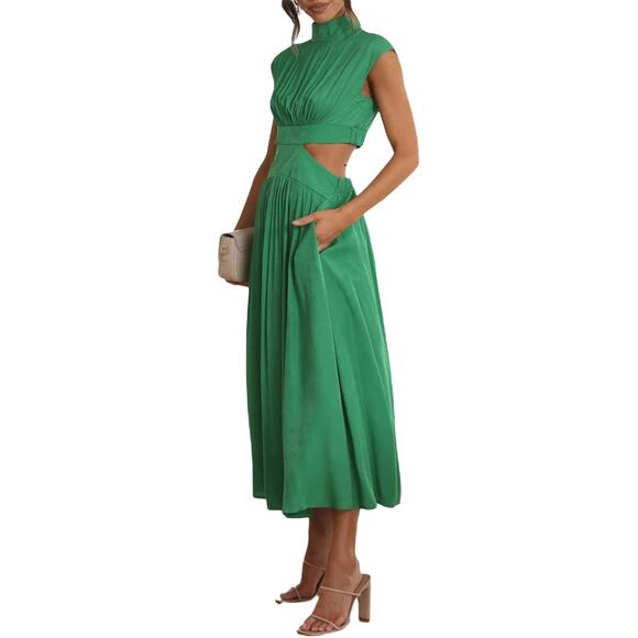 Green Cutout Midi Dress Womens XS Mock Neck Sexy Sleeveless Pleated Party Dress - Picture 2 of 15